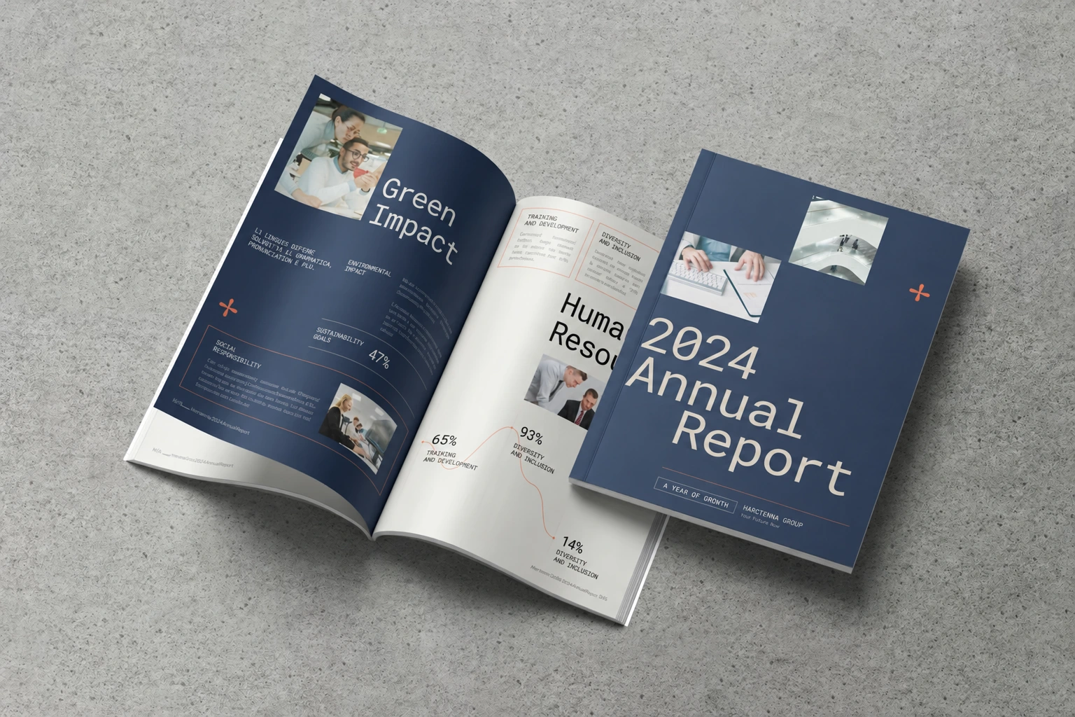 Navy annual report cover and open spread, shown as a design reference.